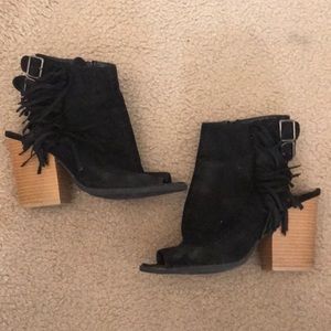 Black fringe peep toe booties